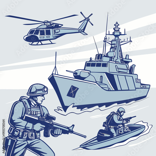 Military naval operation with helicopter, ship, and soldiers on jet ski