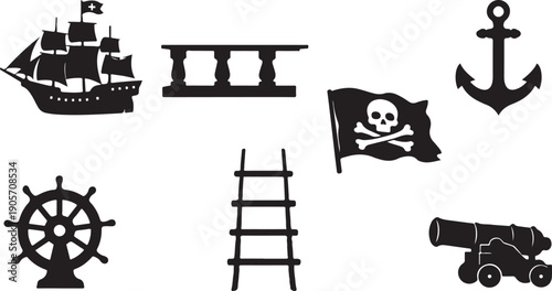 Pirate Ship Adventure Vector Icon Set: Detailed Silhouettes of Galleon, Jolly Roger Flag, Anchor, Helm, Cannon, Ladder, and Balustrade for Nautical Design and Sea Travel Themes.