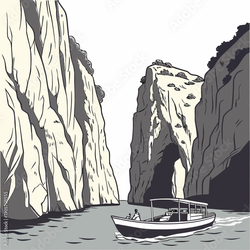 Boat navigating between large cliffs with water navigation