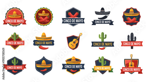 Colorful Cinco de Mayo Badges and Labels with Mexican Cultural Icons Isolated