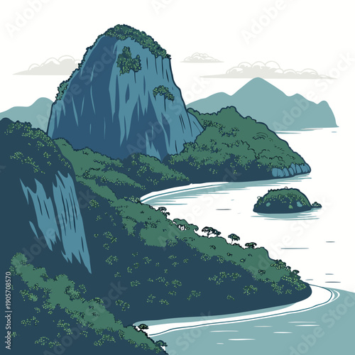Calm tropical waters with steep stone islands and lush green vegetation