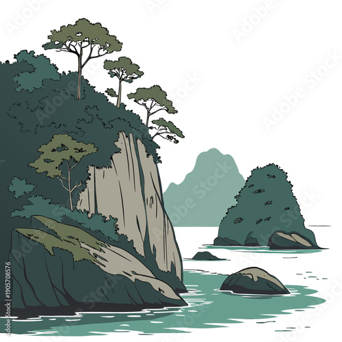 Calm tropical waters with steep stone islands and trees