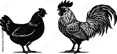 Hen and Rooster Silhouette Vector Design Featuring Farm Poultry in Detailed Profile View Ideal for Organic Food Branding Poultry Farm Logos and Countryside Graphic Projects