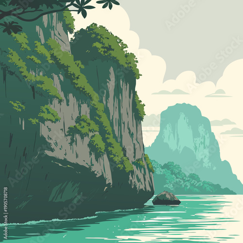 Limestone cliffs rising from turquoise water with lush greenery