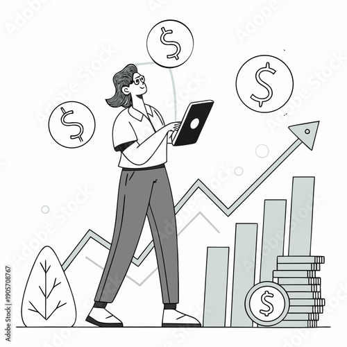 Woman looks at tablet with rising graph and money symbols
