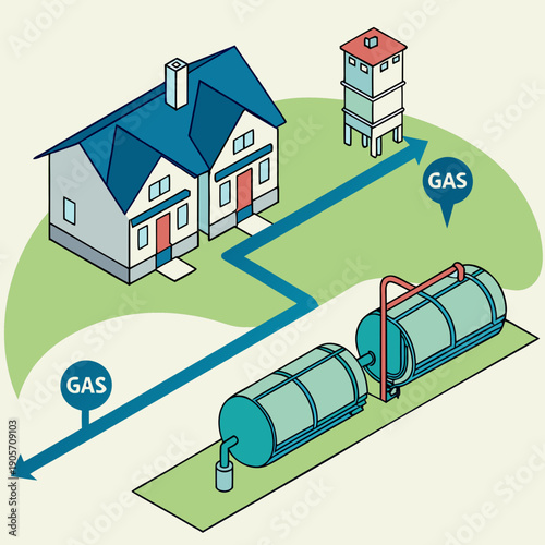 Gas transport infographic with residential area and industrial storage tanks