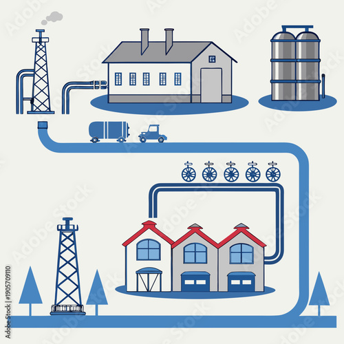 Gas transport pipeline infographic with industrial and residential areas