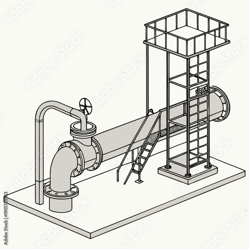 Industrial gas flow diagram with pipe valve and tower structure