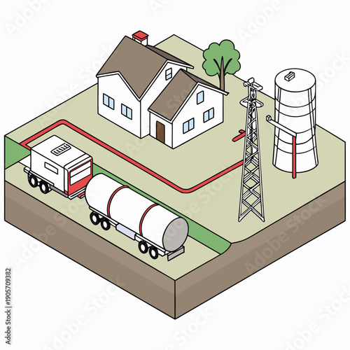 Isometric view of lng transport and pipeline energy system with residential area