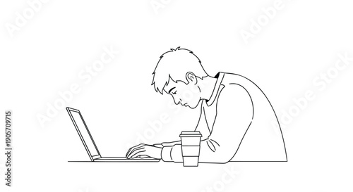 Man sitting at desk working on laptop with coffee, vector line art illustration, for website or presentation, isolated on transparent background, png