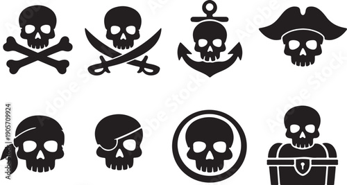 Comprehensive Pirate Skull Icons Vector Set - Black Silhouettes of Jolly Roger, Crossed Swords, Anchor, Eye Patch, and Treasure Chest for Danger and Adventure Themes