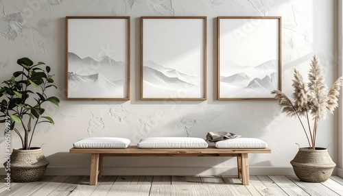 Minimalist interior design featuring three framed abstract mountain artworks and a wooden bench.