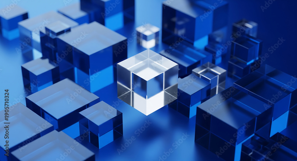Obraz premium Abstract geometric composition of transparent and blue glass cubes arranged on a reflective surface with soft lighting.