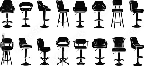 Bar stool chair silhouette collection modern furniture seating set black white interior design vector illustration