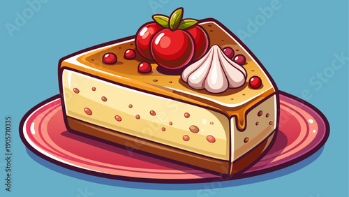 Cartoon vector of a creamy cheesecake slice with topping in clean flat cafe dessert illustration style