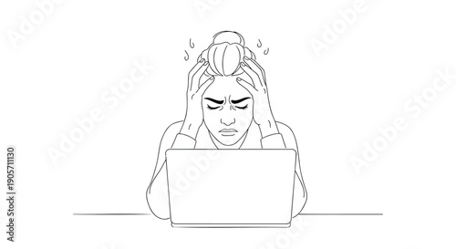 Frustrated woman with hands on head in front of laptop, stressed or overwhelmed, vector illustration for website, marketing, or presentation, isolated on transparent background, png