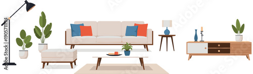 Modern living room interior furniture set with mid century sofa coffee table lamp and potted plants isolated on white background