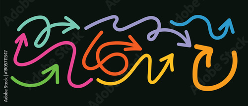 Hand drawn neon colored arrow collection on black background