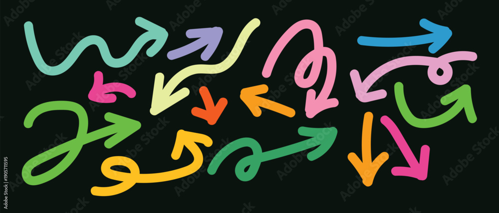 Fototapeta premium Dynamic hand drawn arrows set for highlighting and direction.