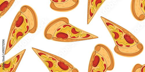 Seamless vector pattern with juicy pepperoni pizza slices featuring melted cheese and salami on white background. Perfect for textile printing, food packaging, fabric and surface design
