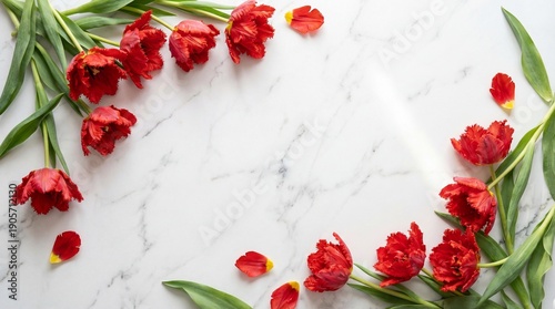 Bright red parrot tulips with green stems frame a bright white marble surface background