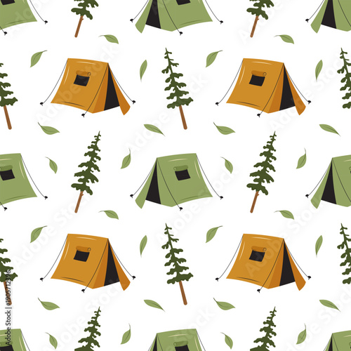 Seamless camping pattern with tent, pine tree and leaf on white background. Outdoor adventure wallpaper for textile, fabric, wrapping paper, print and travel design.