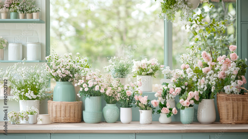 Fototapeta premium Enchanting display of delicate pink and white floral arrangements in various pastel-colored vases and baskets, set against softly blurred window with verdant greenery, creating light and airy springti