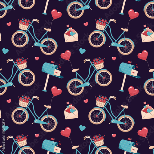 Romantic seamless pattern with vintage bicycle, heart balloon, flower basket and love letter on dark background. Cute valentine wallpaper for textile, wrapping, fabric and print design.