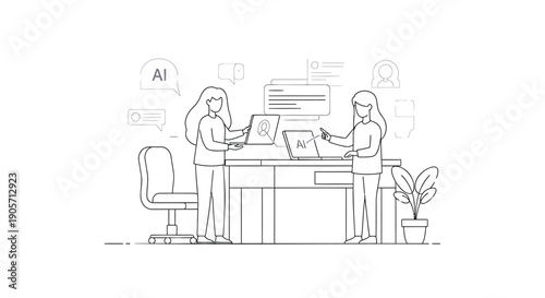 Vector illustration of two business people working together at a desk with laptops and office supplies, with AI and technology icons in the background, for website or presentation