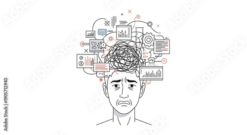 Overwhelmed businessman with chaotic thoughts, vector illustration for marketing or presentation, infographic elements, worried face, tangled mind