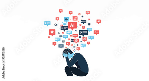 overwhelmed person with social media icons, vector illustration for website or presentation, for mental health or digital stress concept