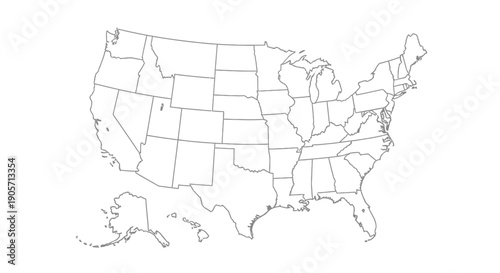 Outline Map of United States with State Borders, Isolated White Background