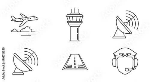 Airport Control Tower and Aviation Equipment Outline Icons, Isolated White Background