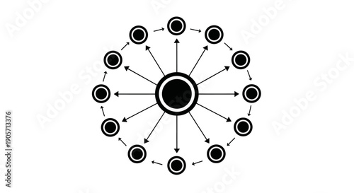 Radial Network Connection and Distribution Diagram, Isolated White Background
