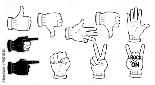 Diverse Hand Gestures Communication Set Outline and Solid, Isolated White Background