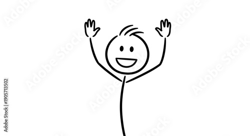 Happy Stick Figure with Raised Arms Celebrating Success, Isolated White Background.