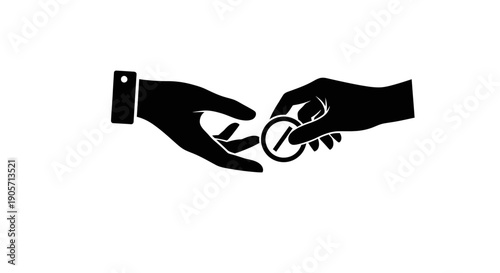 Hand Giving Coin to Another Hand, Money Exchange Transaction, Isolated White Background.