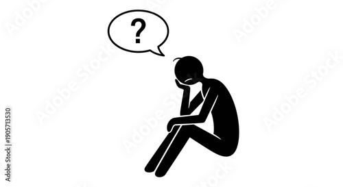 Pensive Stick Figure Person Sitting with a Question Mark Thought Bubble on Isolated White Background