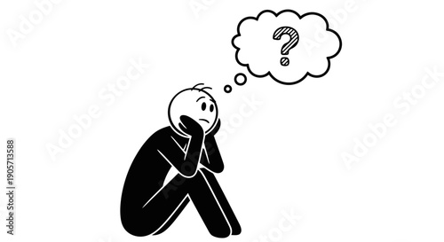 Worried Stick Figure Person Thinking with a Question Mark Thought Bubble on Isolated White Background