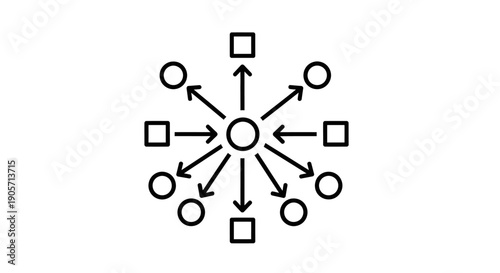 Central hub distributing information or resources to connected nodes, network and distribution concept, line art isolated white background.