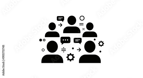 Group of diverse people collaborating with communication and data exchange icons, black silhouette isolated white background.