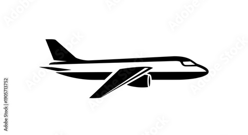 Modern airplane in flight, symbolizing travel and global transportation, black silhouette isolated white background.