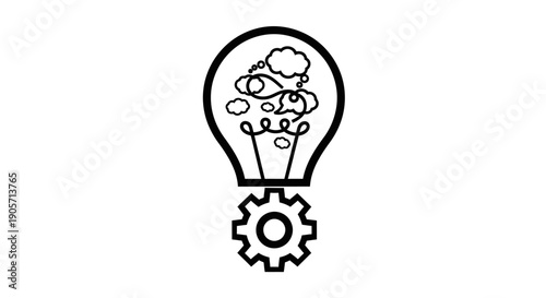 Idea lightbulb with thought process inside and a cogwheel, representing innovation and engineering solutions, line art isolated white background.