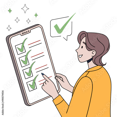 Woman checking tasks on smartphone with green checkmarks