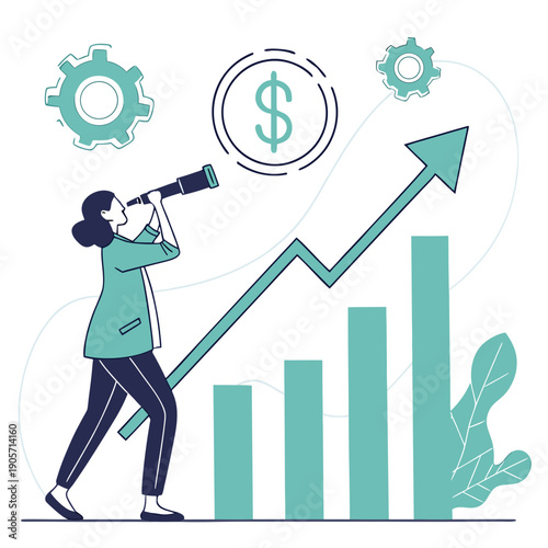 Woman looking through binoculars at growth chart with dollar sign and gears