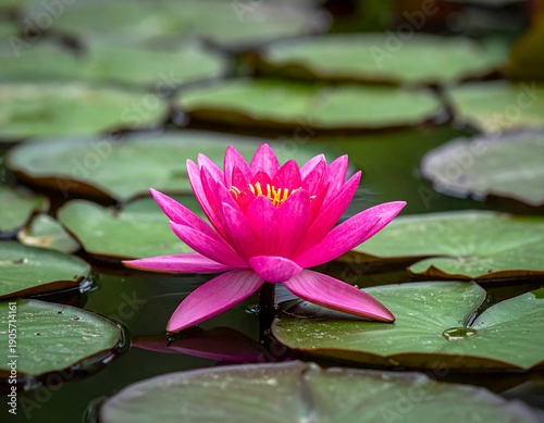 Vibrant pink water lily blossom amidst verdant lily pads in a serene, dark water garden