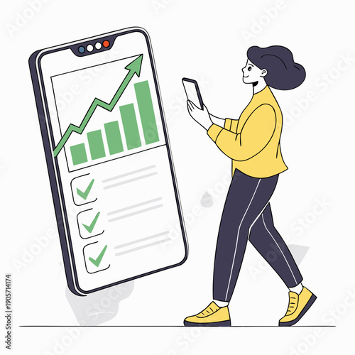 Woman walking while looking at smartphone next to large phone with green graph