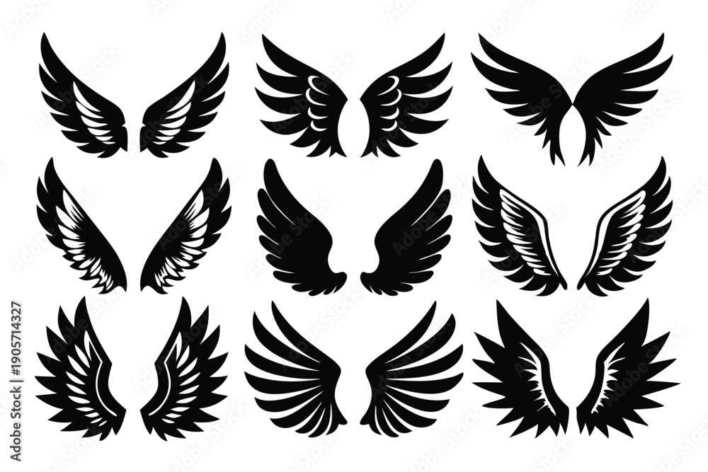 Fototapeta premium set of wings silhouette line art vector illustration with a white background