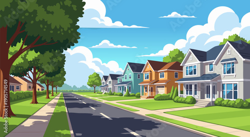 A charming suburban street with houses and trees, vector illustration of a peaceful neighborhood scene