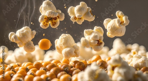 Popcorn kernels bursting into fluffy pieces.